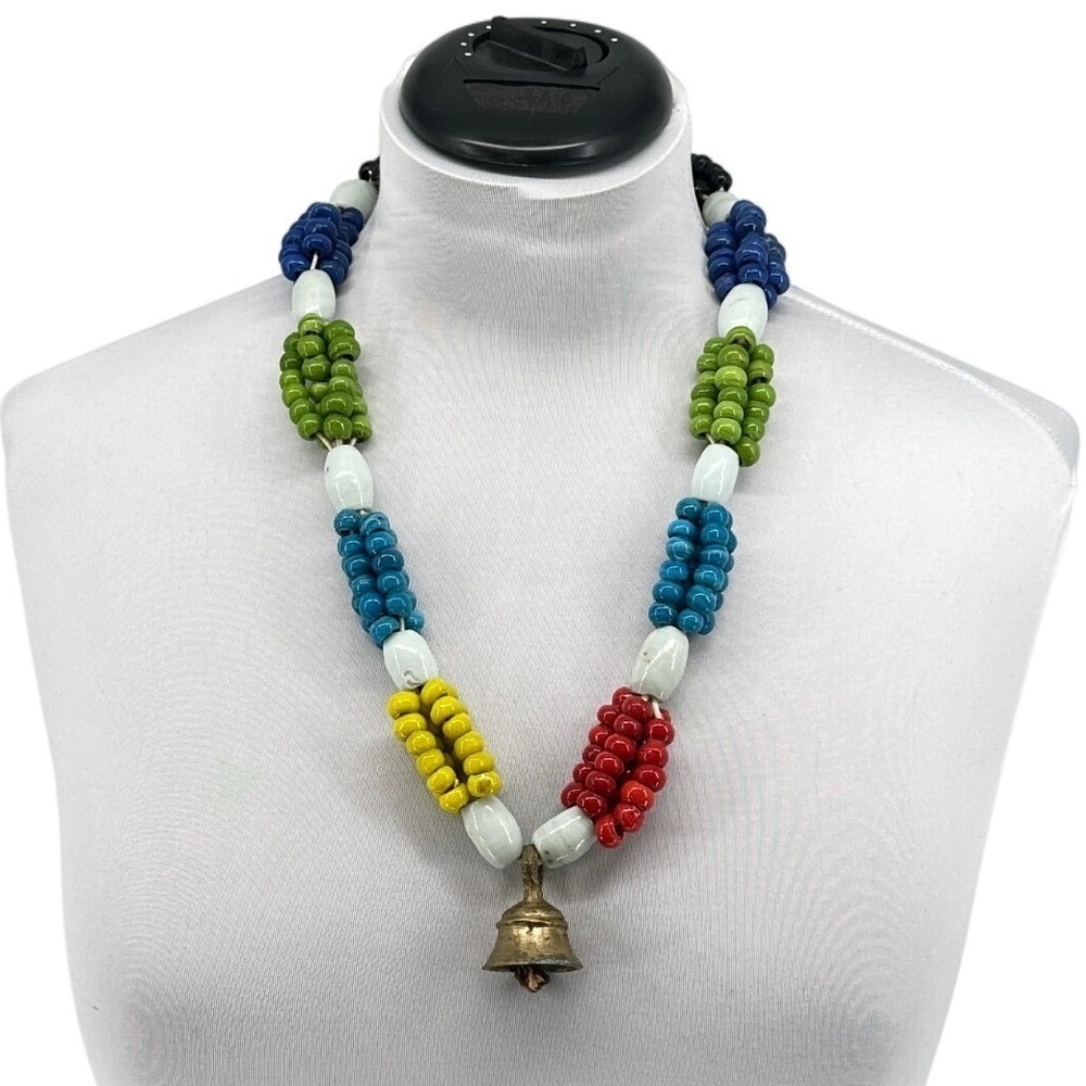 Vintage Colorful Glass Bead‎ Necklace Brass Bell Boho Statement Necklace